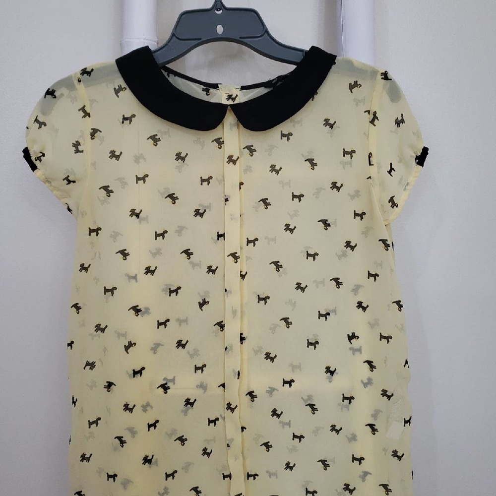 Zara Cream and Black Poodle Print Blouse Sz S